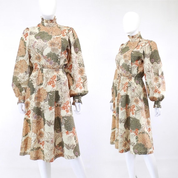 1970s Autumn Botanical Print Prairie Dress - 1970s