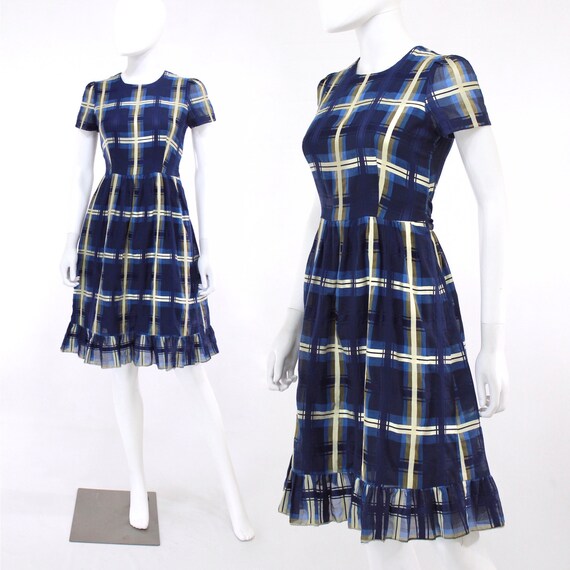 1960s Baby Doll Blue Plaid Dress - 1960s Plaid Dre