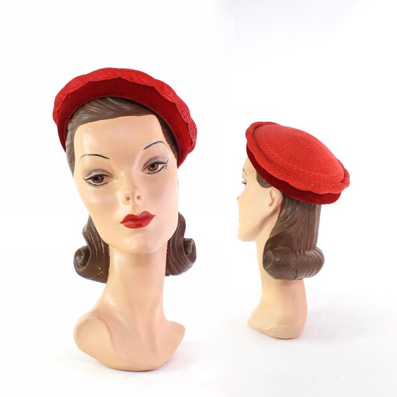 1950s Red Straw Tam Beret - 1950s Red Straw Hat -
