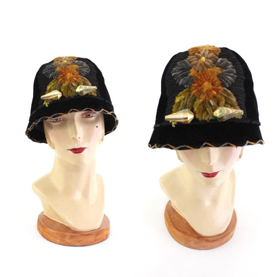 1920s Chenille Floral Cloche - 1920s Womens Hat -