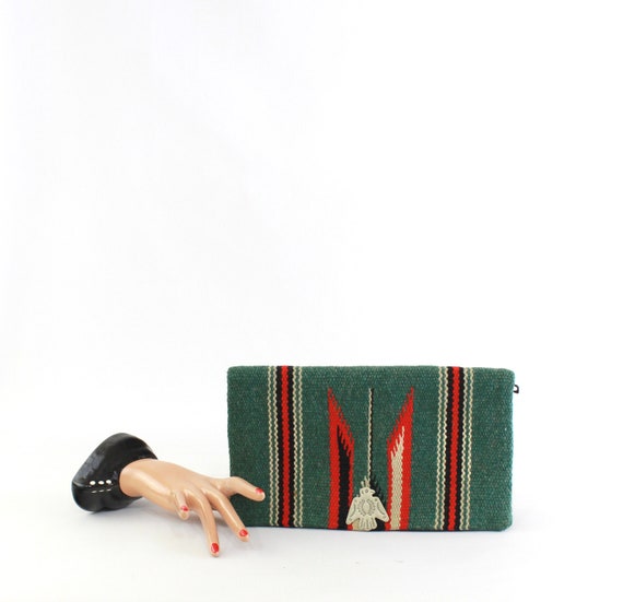 1940s Green & Red Chimayo Clutch Purse - 40s Chima
