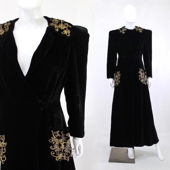 1930s Black Velvet Evening Coat with Gold Soutache