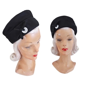1950s Black Silk Pillbox Toque Hat with Moonglow Detail - 1950s Pillbox Hat - 1950s Black Hat - 1950s Black Toque Hat - Silk Pillbox Hat