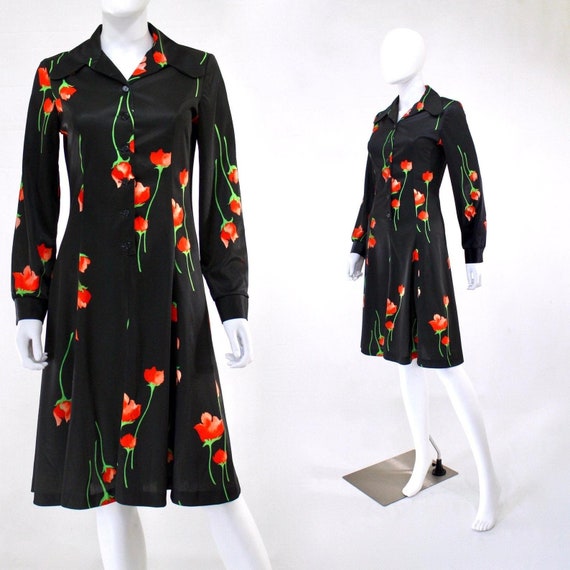 1970s Rose Print Dress - 1970s Red Rose Print Dres
