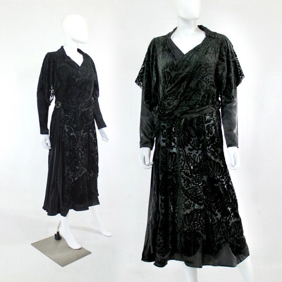 1920s Black Devore Burn Out Velvet Dress - 1920s C