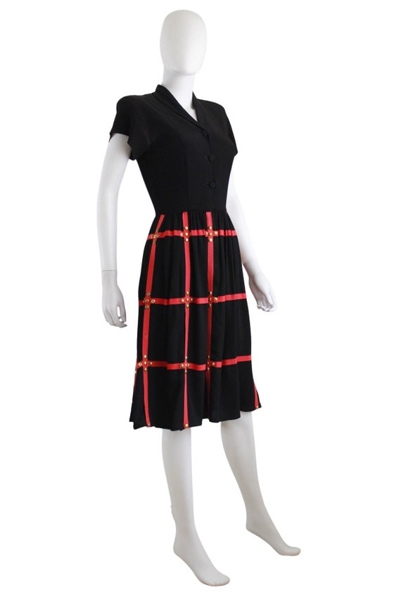 1940s Black & Red Day Dress with Gold Studs - 194… - image 5