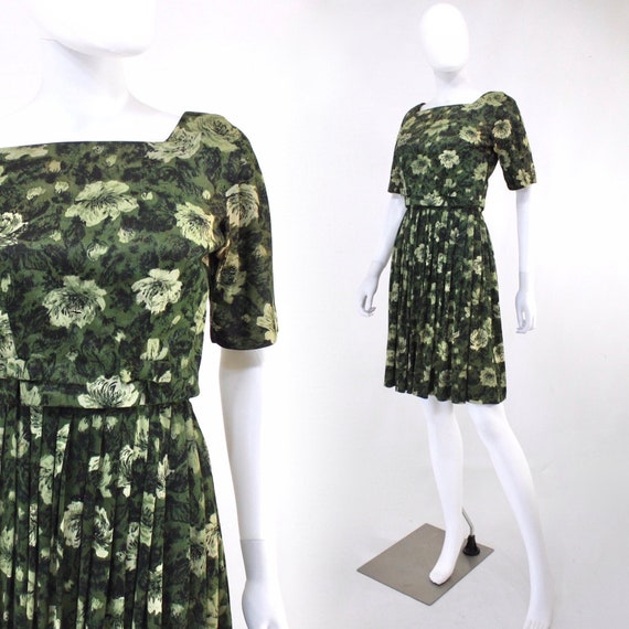 Late 1950s Dark Green Floral Secretary Dress - 195