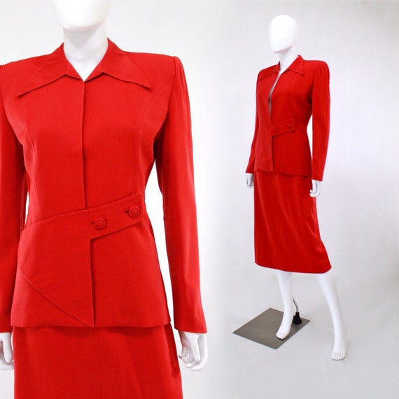 1940s Lipstick Red Gabardine Suit - 1940s Red Suit
