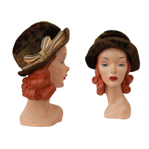 1920s Olive Green Fur Cloche Hat 1920s 