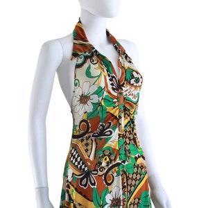 1970s Psychedelic Print Jersey Halter Dress 1970s Halter Dress 1970s Psychedelic Dress 70s Green Dress 70s Yellow Dress Size Small image 6