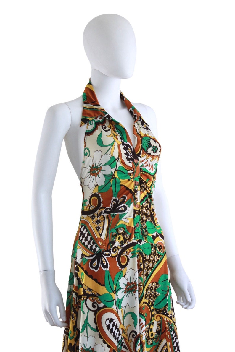 1970s Psychedelic Print Jersey Halter Dress 1970s Halter Dress 1970s Psychedelic Dress 70s Green Dress 70s Yellow Dress Size Small image 6