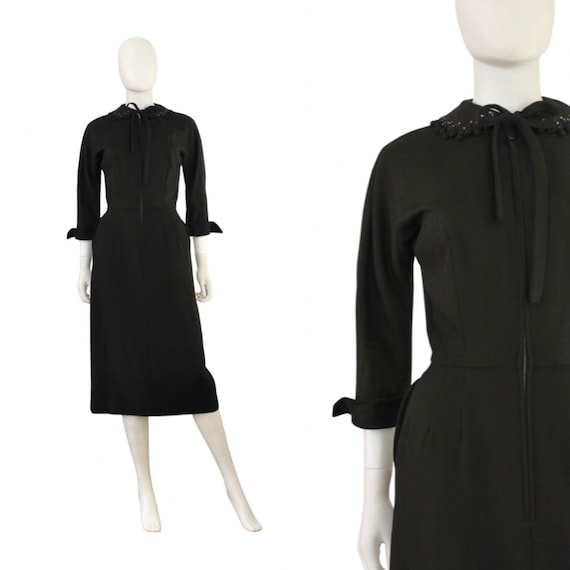 1950s Black Wool Wiggle Dress with Tassel Fringe Peter Pan Collar - 1950s Black Wiggle Dress - 1950s Black Wool Dress  | Size Extra Small