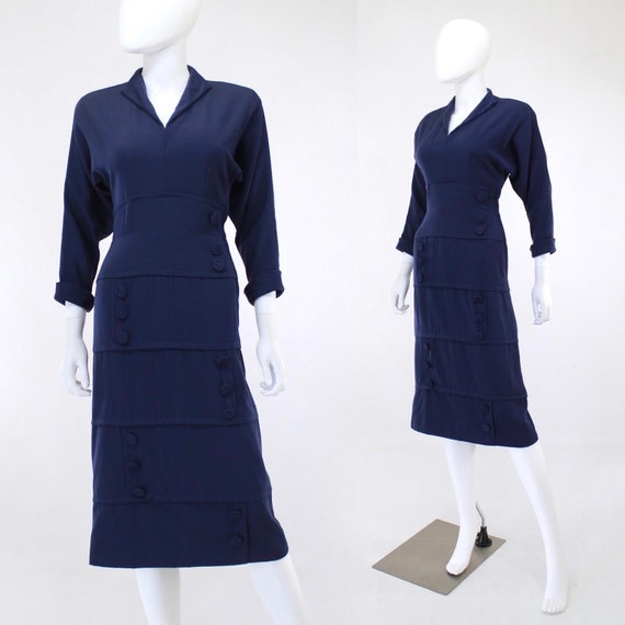 Early 1950s Navy Blue Gabardine Dress - Late 1940s