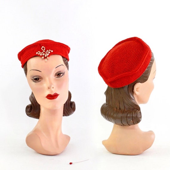 1940s Red Beret - 1940s Red Small Hat - 1940s Red