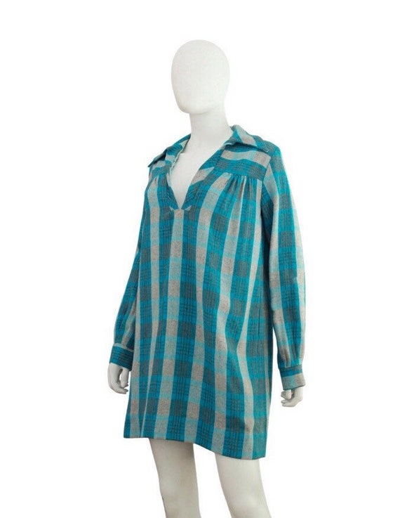 1970s Teal Wool Plaid Tunic Dress - 1970s Plaid D… - image 8