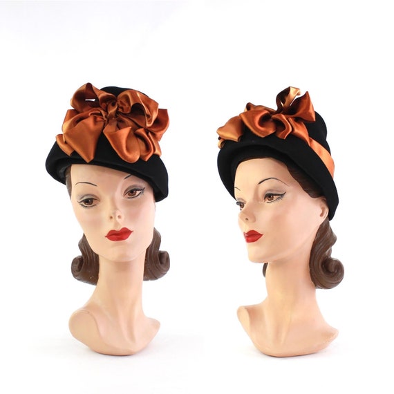 1930s Black Hat with Orange Satin Bows - 1930s Til