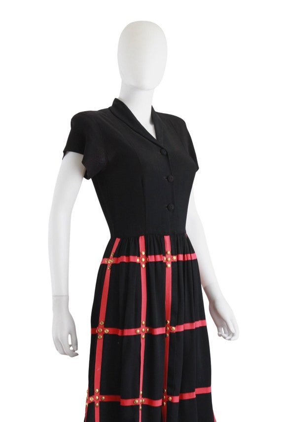 1940s Black & Red Day Dress with Gold Studs - 194… - image 6