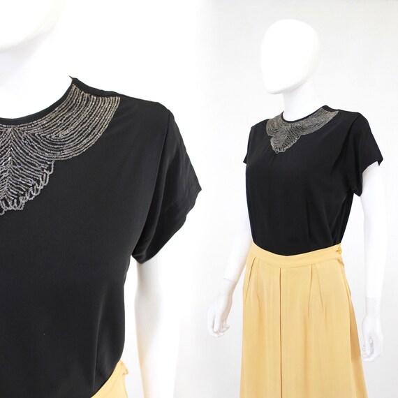 1950s Black Beaded Blouse - 1950s Womens Black Blo