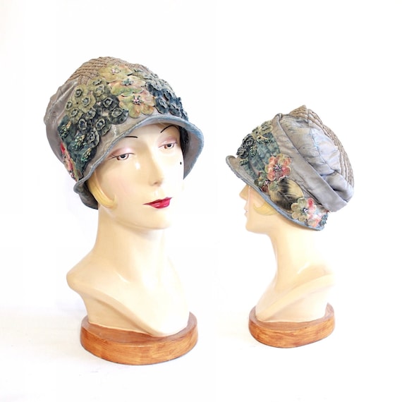 1920s Pale Blue & Purple Floral Cloche Hat - 1920s
