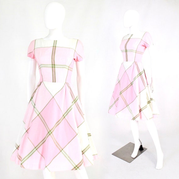 1950s Pink & Green Plaid Day Dress - 1950s Pink Dr