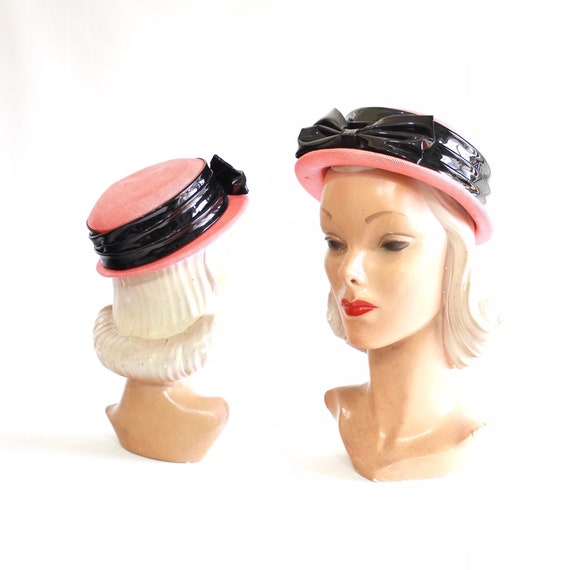 1960s Pink Boater Hat with Black Pleather Bow - Vi