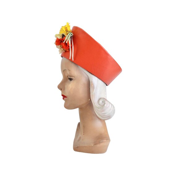 1960s Orange Vinyl Leather Pillbox Toque Hat 1960s … Gem
