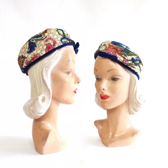 1960s Rainbow Floral Pillbox Beret - 1960s Floral