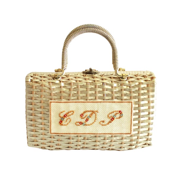 1960s Gold Wicker Monogram CDP Handbag - Vintage Monogram Purse - Vintage Initials Purse - Vintage Gold Wicker Purse - Mid Century Handbag