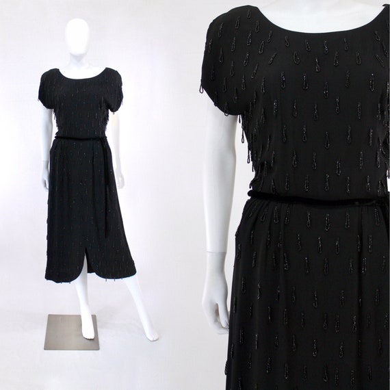 1950s Beaded Fringe Cocktail Dress - 1950s Evening