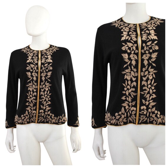 VeraciousVintageCo 1960s Black \u0026 Gold Hand Beaded Cardigan Sweater - Vintage Hand Beaded Sweater - 1960s Black Cardigan Sweater - Black Sweater | Size Small