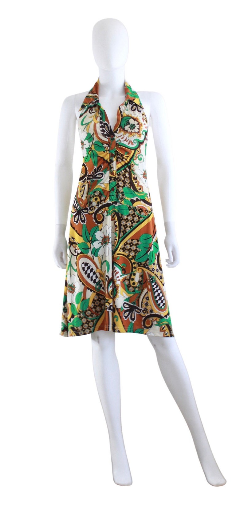 1970s Psychedelic Print Jersey Halter Dress 1970s Halter Dress 1970s Psychedelic Dress 70s Green Dress 70s Yellow Dress Size Small image 3