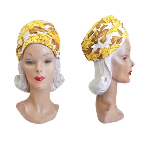 1960s Mustard Yellow Flower Turban Hat - 1960s Mo… - image 1