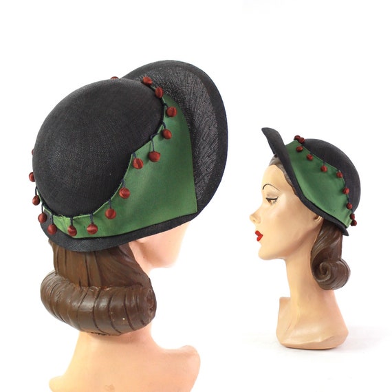 1940s Straw Halo Bonnet - 1940s Navy Blue Hat - 19