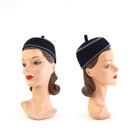 1940s Navy Blue Pillbox Hat - 1940s Navy Blue Hat