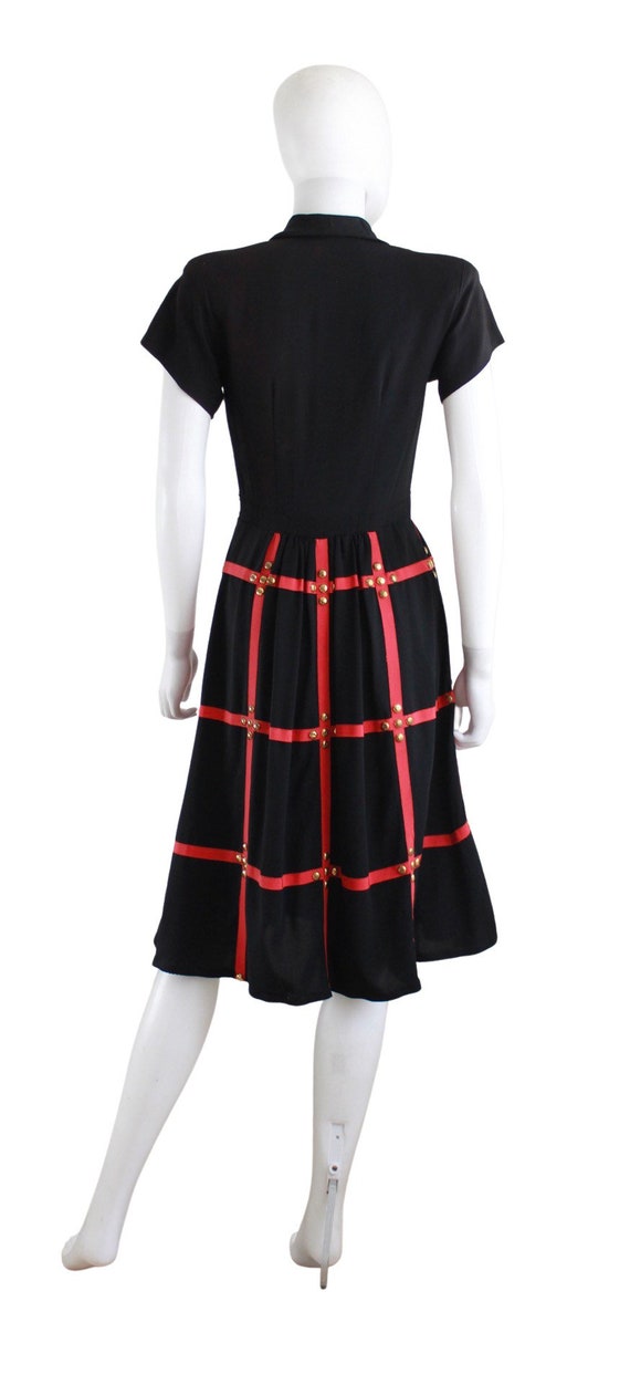 1940s Black & Red Day Dress with Gold Studs - 194… - image 8