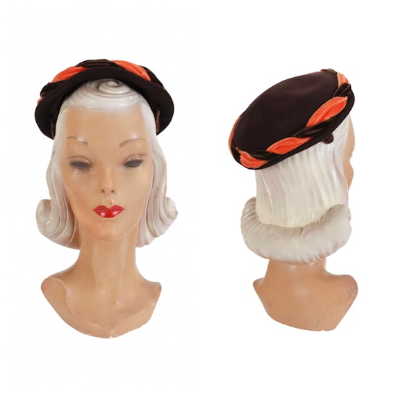 1950s Saucer Hat with Brown & Orange Velvet Trim -