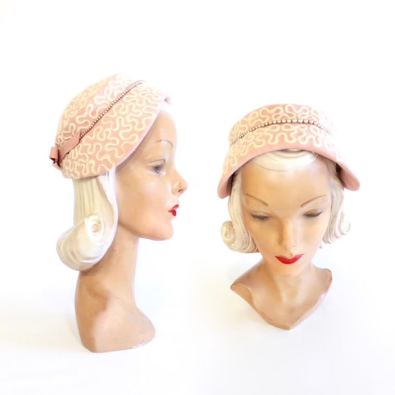 1950s Pink Bonnet Hat with Ivory Angora Detail - 1