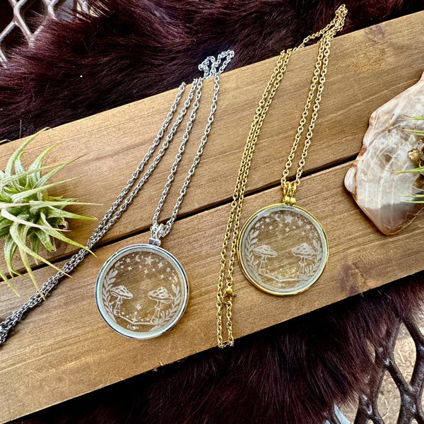 Collana solare a forma di fungo magico - Ciondolo con lente d'ingrandimento in argento, accendino solare, gioielli boho