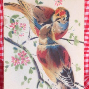 Carte postale rare, finition lin (pas sûr), Deux oiseaux sur des branches florales, Finition BRILLANTE NON classique, Aucune écriture au dos,