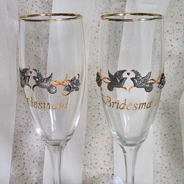 Bride and Groom wine glasses, Gray doves attached to glass, 7 3-4, Ribbon, heart, and words are Gold paint, RARE, Unusual wine glasses (46)