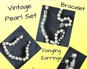 SELTEN - SET aus 3 passenden Perlen VINTAGE-Schmuck, Kunstperlen-Halskette mit Strass-Einsätzen, Kunstperlen-Armband, baumelnde Perlenohrringe (24)