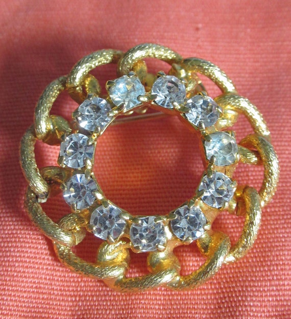 vintage gold tone brooch, Vintage rhinestone broo… - image 1