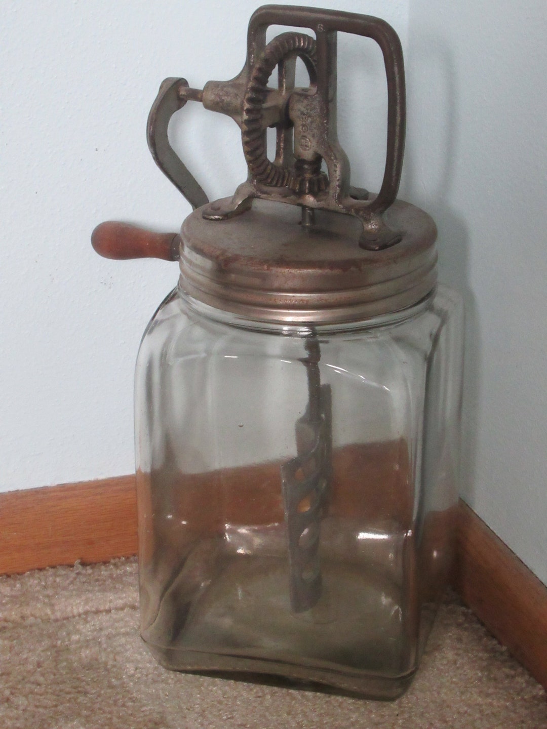 Antique, Butter Churn, Hand Crank, Metal Crank, Metal Paddles, SQUARE