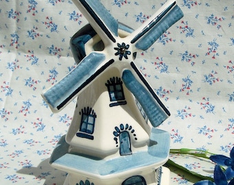 Delft Blue painted Dutch Wind Mill. Hand Painted in Holland, USA, by DVK, September23, 1987, moveable fins, 6&quot; high, Genuine Dutch Blue item