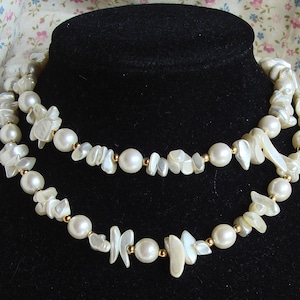 Mother of Pearl necklace, gold bead separators, Irregular shape stone beads with Iridescent pearl coating, 24,5&quot; length, round plastic beads