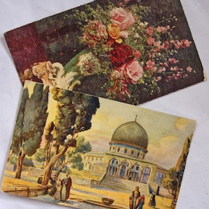 2 cartes postales TUCKS, Mosquée d'Omar à Jérusalem, 3255 de Tony Binder, roses et fougères capillaires dans un vase, 3427, peinture de Gunning King, Oikette