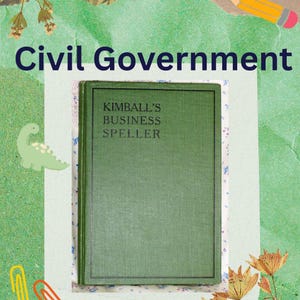 May include: A vintage green hardcover book titled Kimball's Business Speller with dark green lettering on the front cover. The book is centered against a light background featuring decorative elements like a small dinosaur and floral patterns.