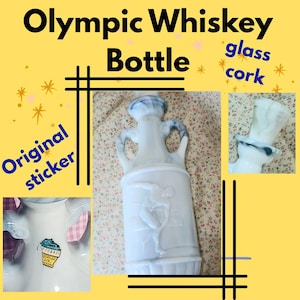 Decantador vintage de licor azul jaspeado, etiqueta original, vidrio jaspeado Jim Beam, lanzador de disco olímpico, Juegos Olímpicos de Grecia, 1971