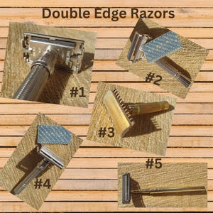 May include: An assortment of double edge razors, each displayed on a wooden background. The image includes five different razors, each with a unique handle and head design. The text "Double Edge Razors" is at the top, with numbers identifying each razor.