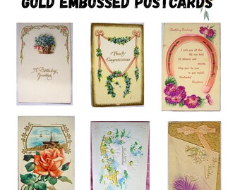 4 vintage postcards, NO STAMPS postcard, EMBOSSED printing, Metallic gold border, Congratulations